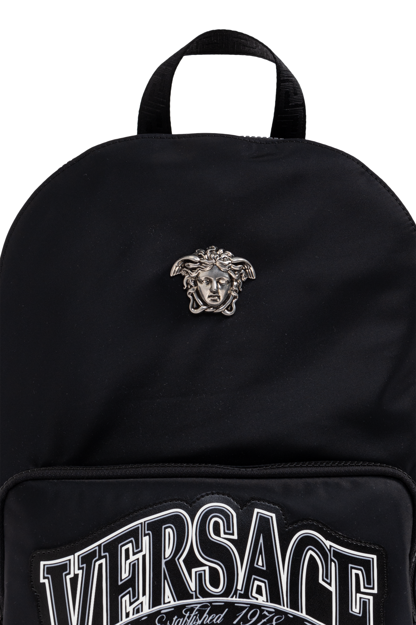 Black Backpack with an application in the shape of the head